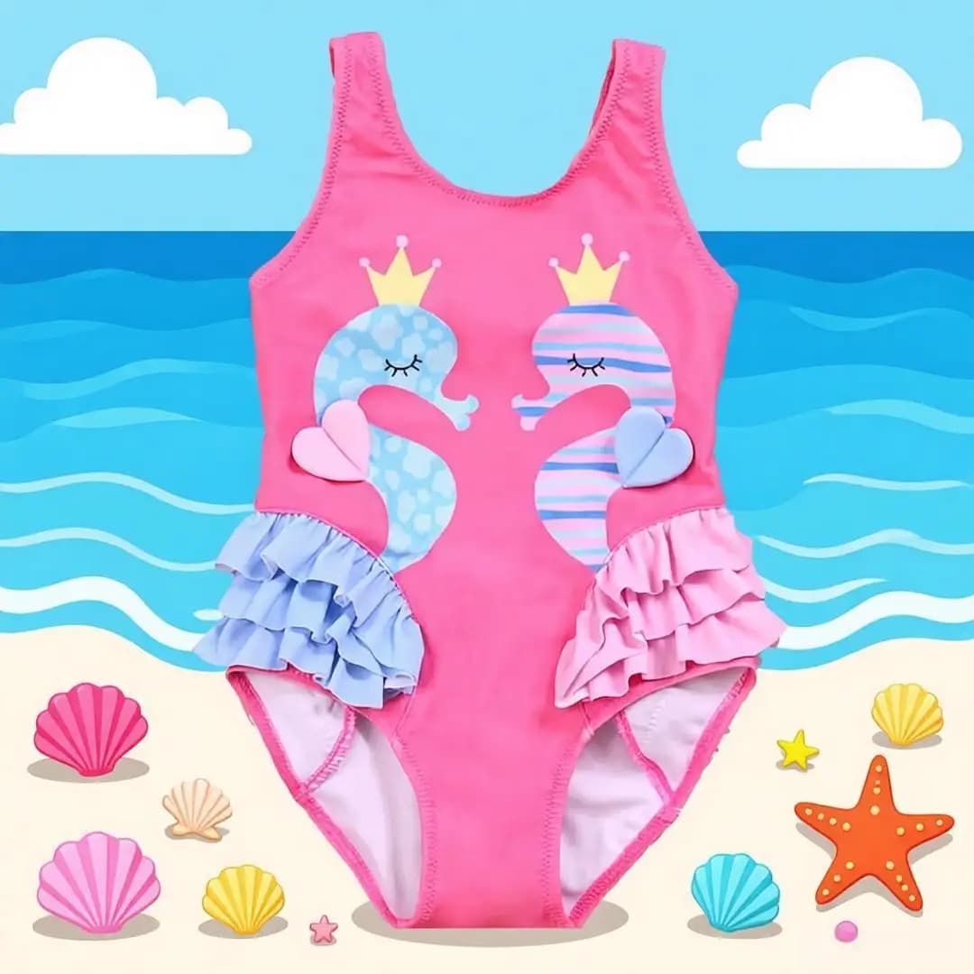 Fashionable girls' swimsuit with seahorse Full swimsuit with pink volant with 3D crown design for pool holiday on the beach