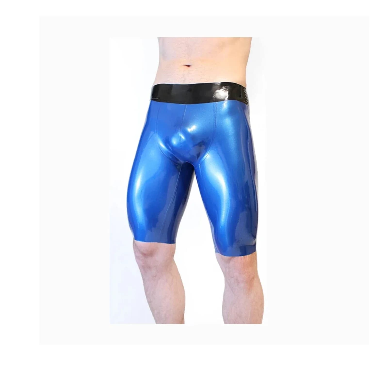 Pantaloncini attillati in lattice di gomma blu con boxer intimo da uomo fetish nero realizzato su misura (senza cerniera)