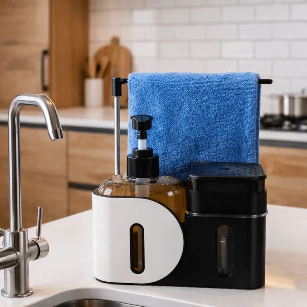 Set Dispenser di Sapone per Mani e Piatti in Plastica Ricaricabile con Porta Spugna, Dispenser Doppio con Porta Stracci, Dispenser a Pressione