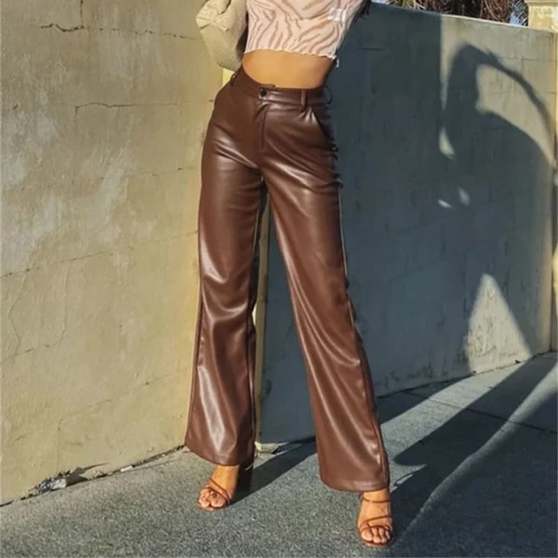 Fashionable High Elastic PU Leather Pants Women's New Arrival 2023 Summer High Waist Flared Leggings Super Stretch Ladies Tro...