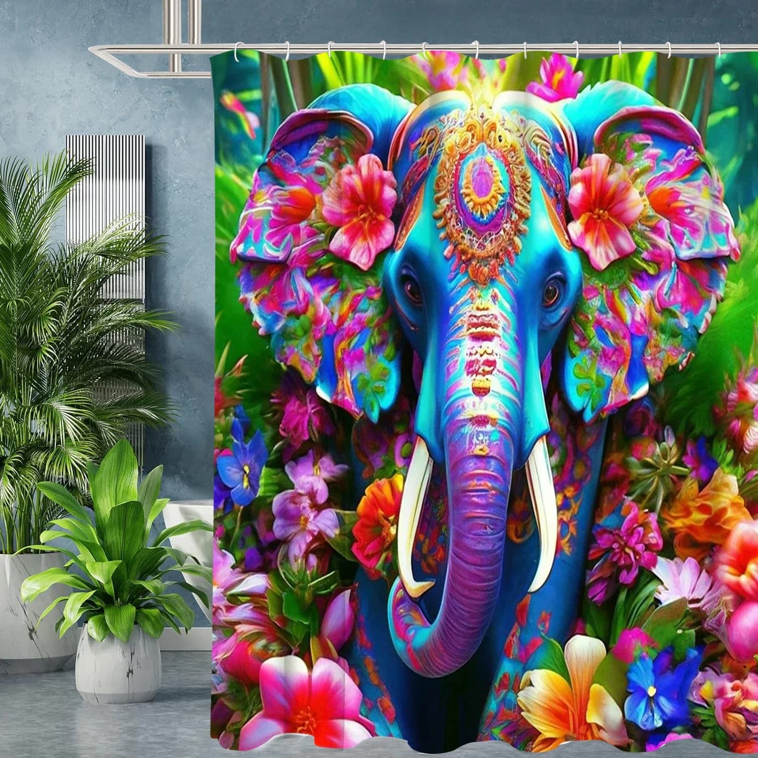 Tenda da bagno con motivo elefante Tenda da doccia per bagno impermeabile con 12 ganci Home Deco