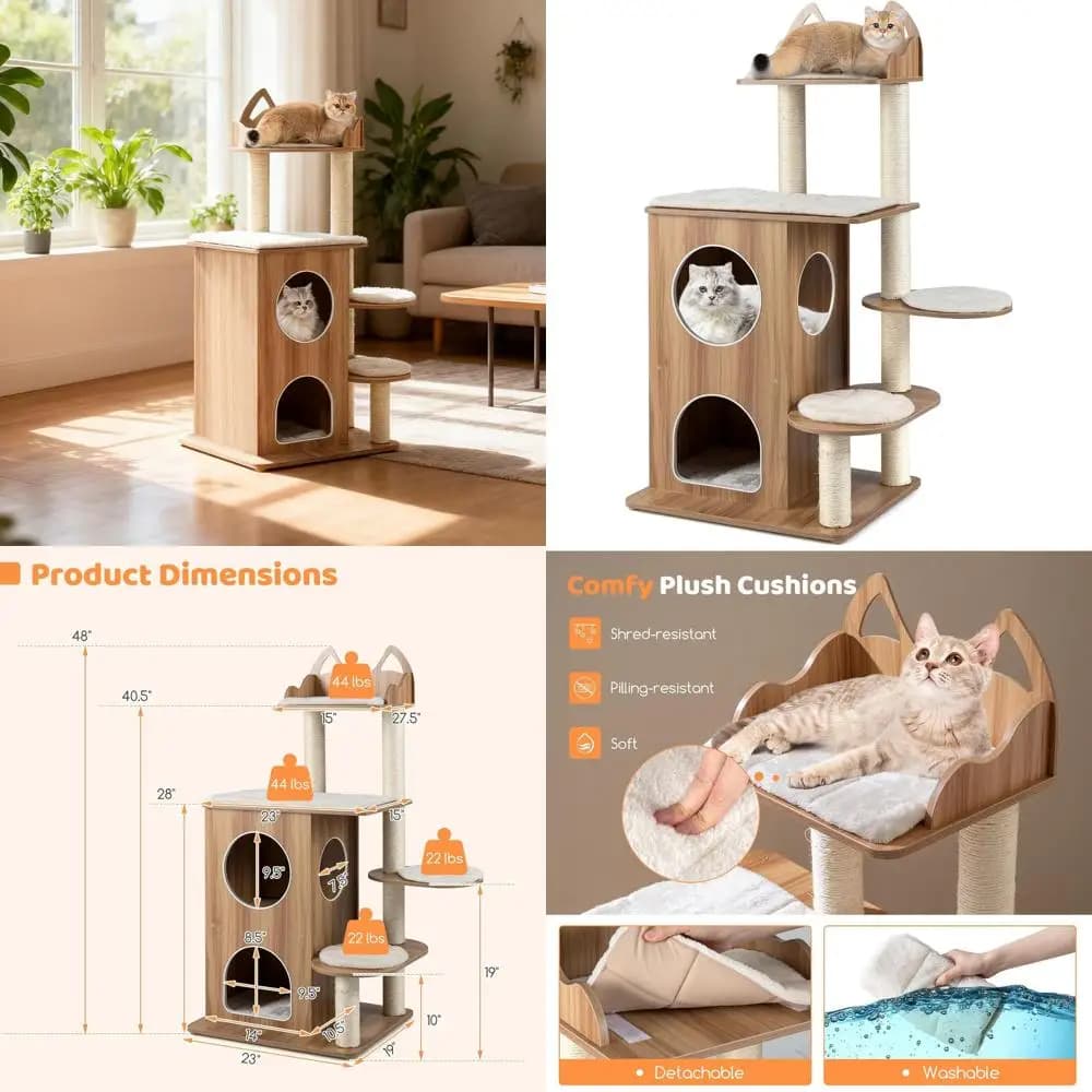 Torre per Gatti in Legno da 48 Pollici con Piattaforme Multi-Livello, Tiragraffi in Sisal, Doppio Condo, Postazione Superiore, 3 Piattaforme per Saltare, Lavabile