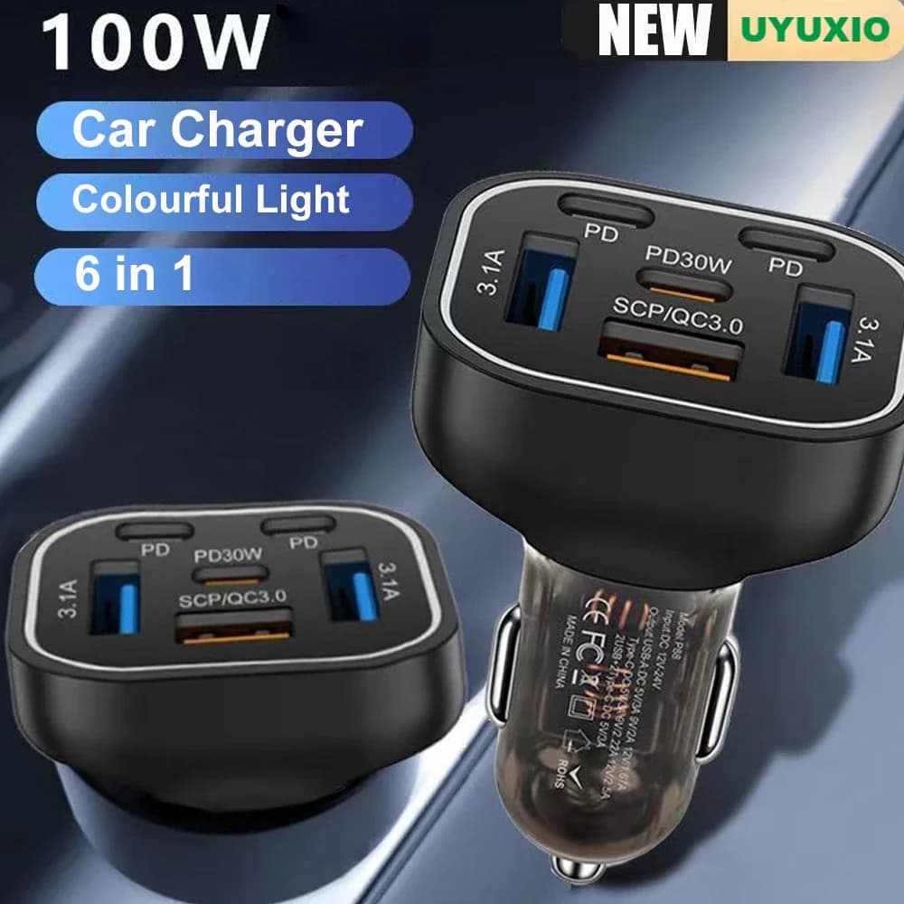 UYUXIO Adattatore per caricabatteria da auto USB C 6 in 1 PD 30W Porte multiple Ricarica super veloce per iPhone 16 15 14 Pro Max iPad Samsung Phone