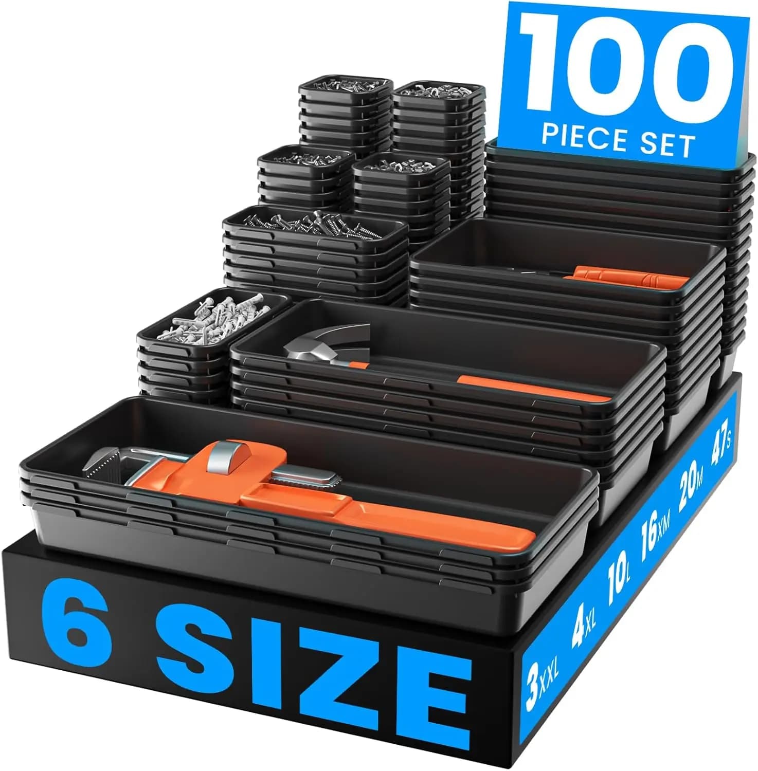 Set di vassoi organizer per cassetta degli attrezzi【Contiene oltre 100 utensili】 Divisorio per cassetti in plastica nera, organizer per cassetti da scrivania, organizzazione per garage con ruote