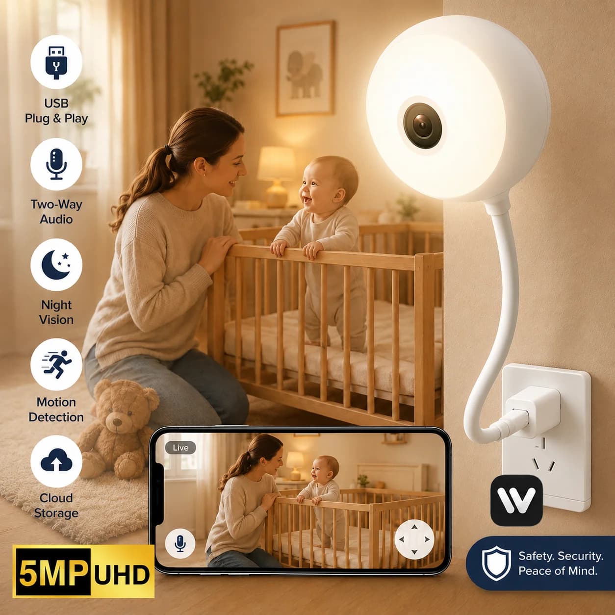 5MP USB Plug & Play Indoor Baby Monitor Camera Two‑Way Audio IR Night Vision Motion Tracking Cloud Storage Home Pet Surveillance