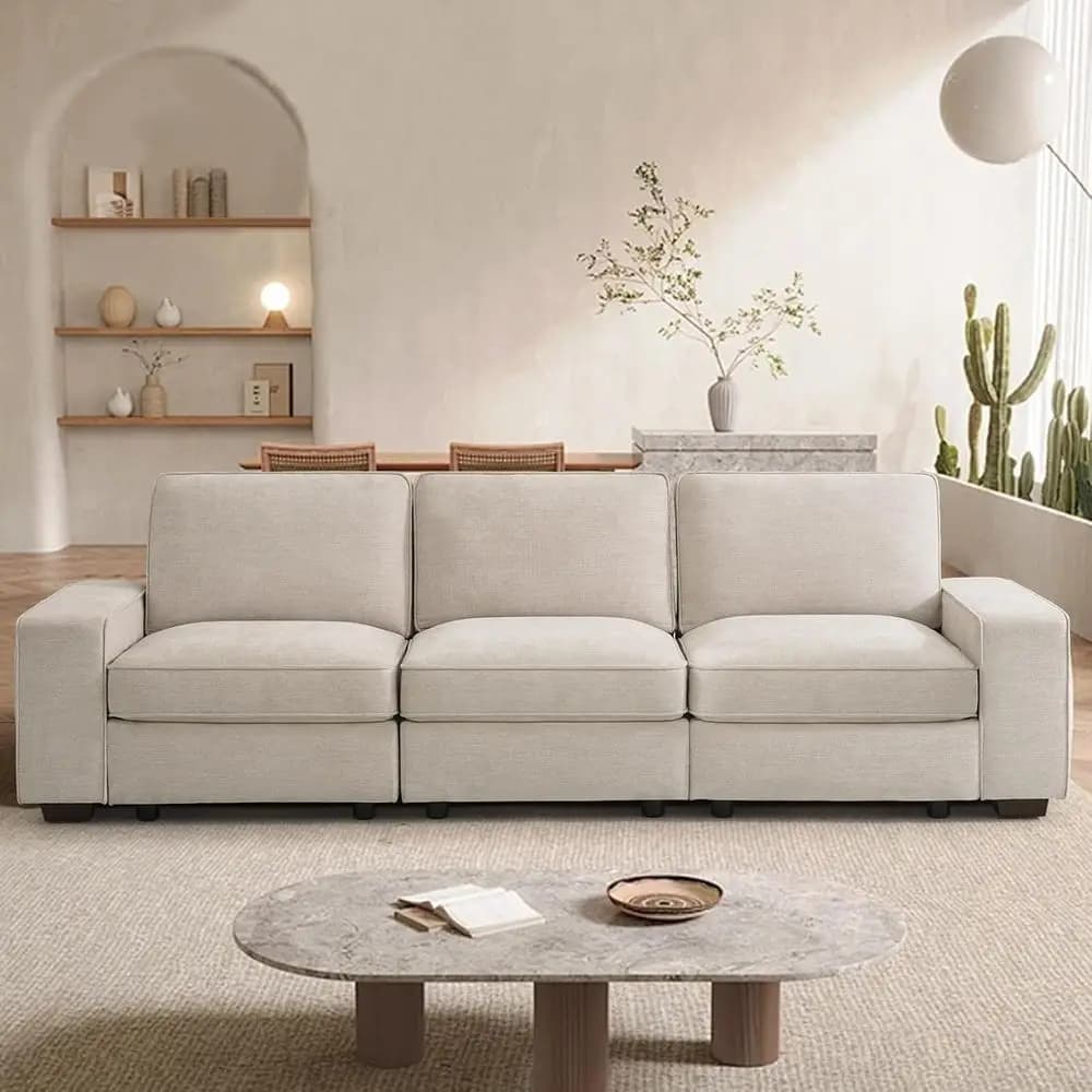 Divano a 3 Posti in Ciniglia di Lusso con Vano Contenitore, Seduta Profonda, Braccioli Larghi, Tasche Laterali, Porte USB, Rivestimenti Rimovibili - Beige