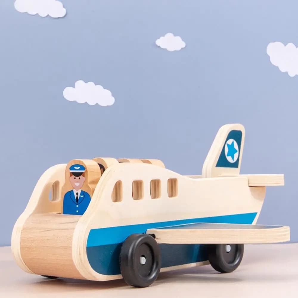 Set di Blocchi di Costruzione in Legno: Aereo Passeggeri con Rimorchio a Doppio Piano, Modello Auto Resistente alle Cadute