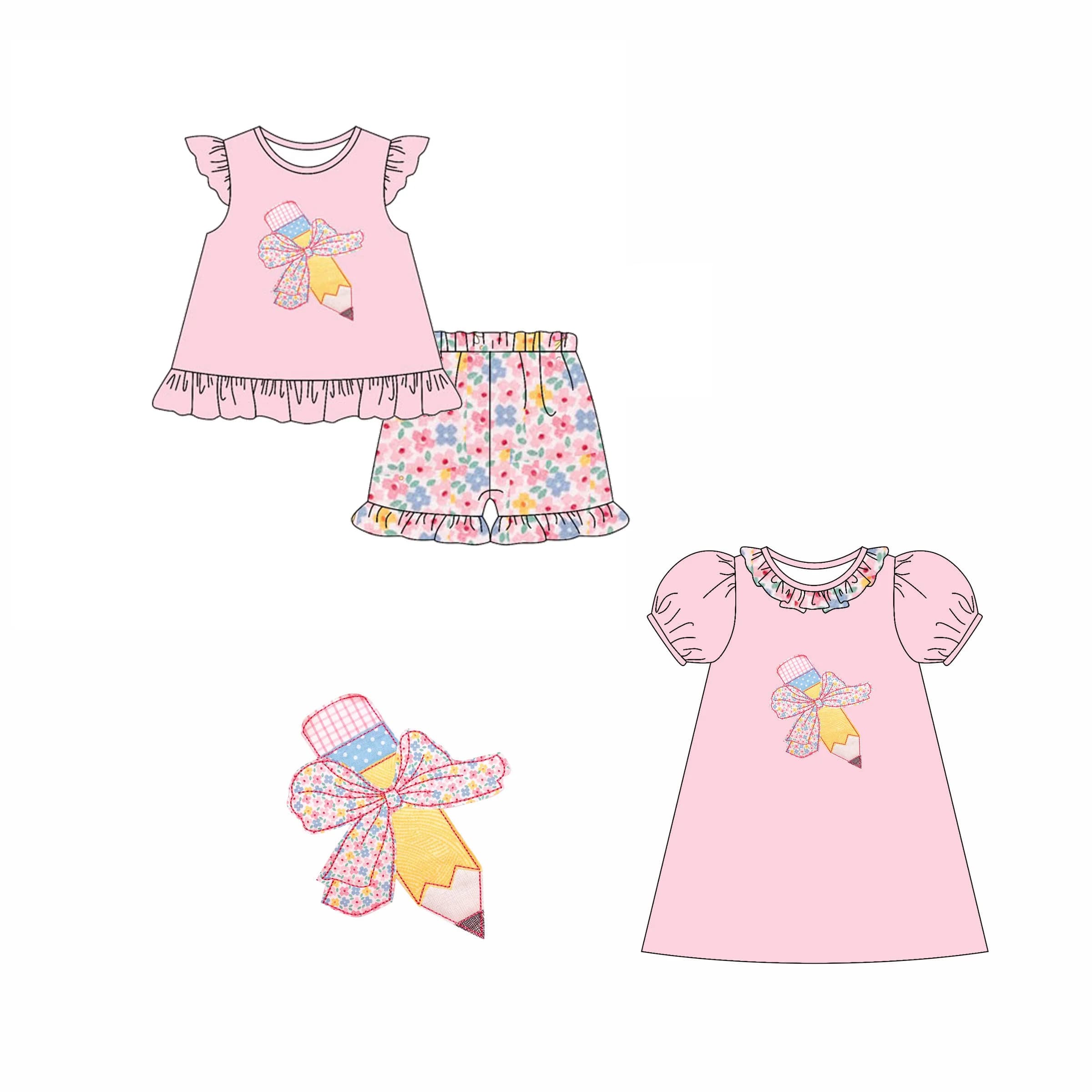 Boutique Girls Back to School Outfit Pencil Applique Floral Print Ruffled Sleeve Top Shorts Set Puff Sleeve Dress Custom