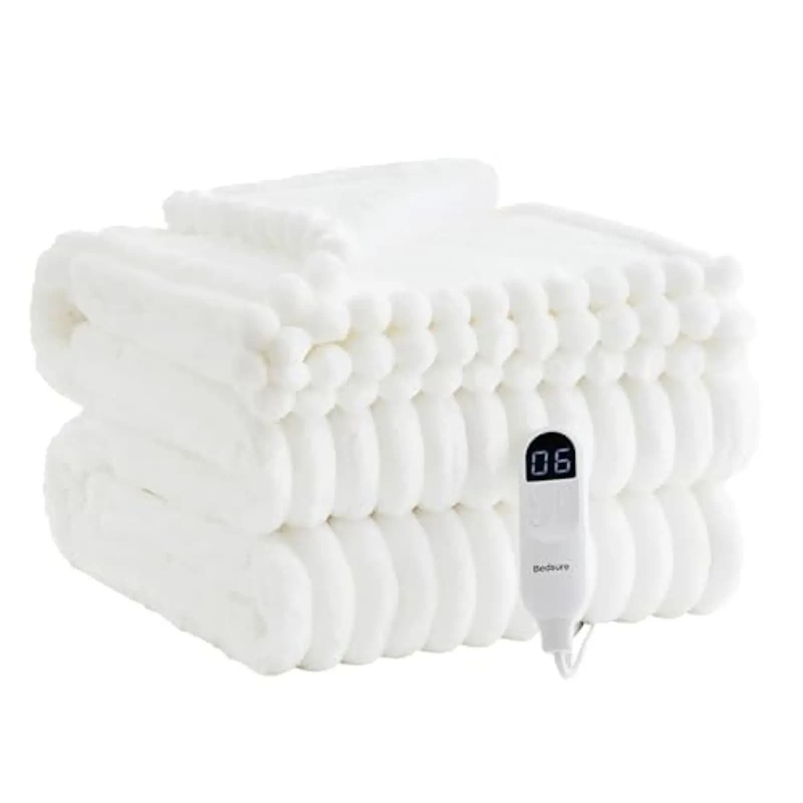 Coperta Elettrica Singola, Coperta Riscaldante in Flanella a Righe Spesse, 6 Impostazioni di Calore e Timer di 8 Ore con Spegnimento Automatico, 62x84 Bianca