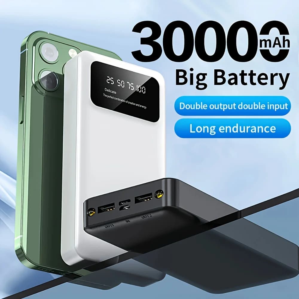 30000mAh large capacity portable power bank, dual lighting, LED power display, 4 input and output interfaces