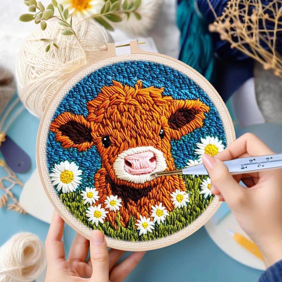 Kit da ricamo con ago da punzone fai-da-te per principianti Simpatico cartone animato Mucca Margherita Fili di fiori e aghi da cucito con strumento per la casa Deor