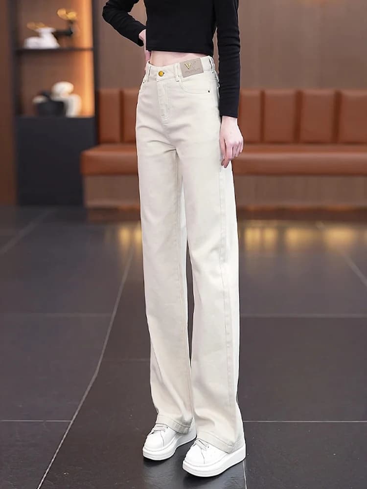 Soft Light Grey Denim Straight Leg Pants Women's Spring Autumn New Washed Cotton Nine Points Casual Slim Wide Leg Jeans