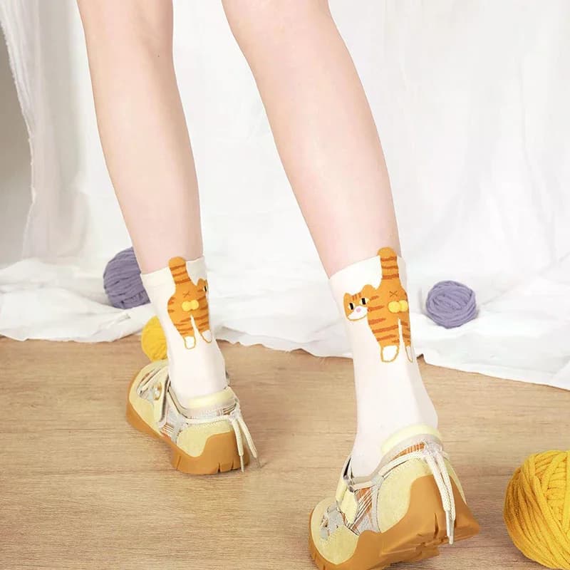 Calzini da donna a tubo medio in cotone, stile cartone animato con gatto e campanello, divertenti, sportivi, stile giapponese, per l'estate, taglie 36-42