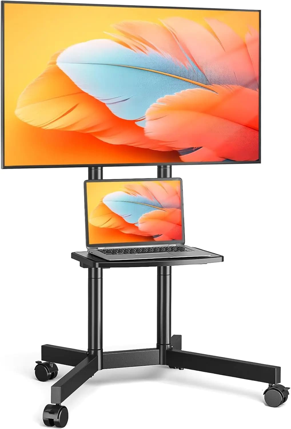 Supporto TV con ruote aggiornate per TV da 32-75 pollici, supporto TV mobile regolabile in altezza con ripiano per laptop, carrello TV mobile wi