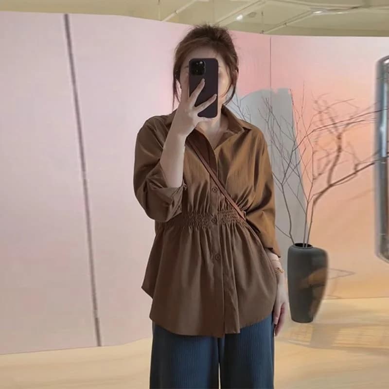 Camicia da donna taglie forti Pure Desire, con collo a Henley, alla moda, che modella la figura, per primavera e autunno