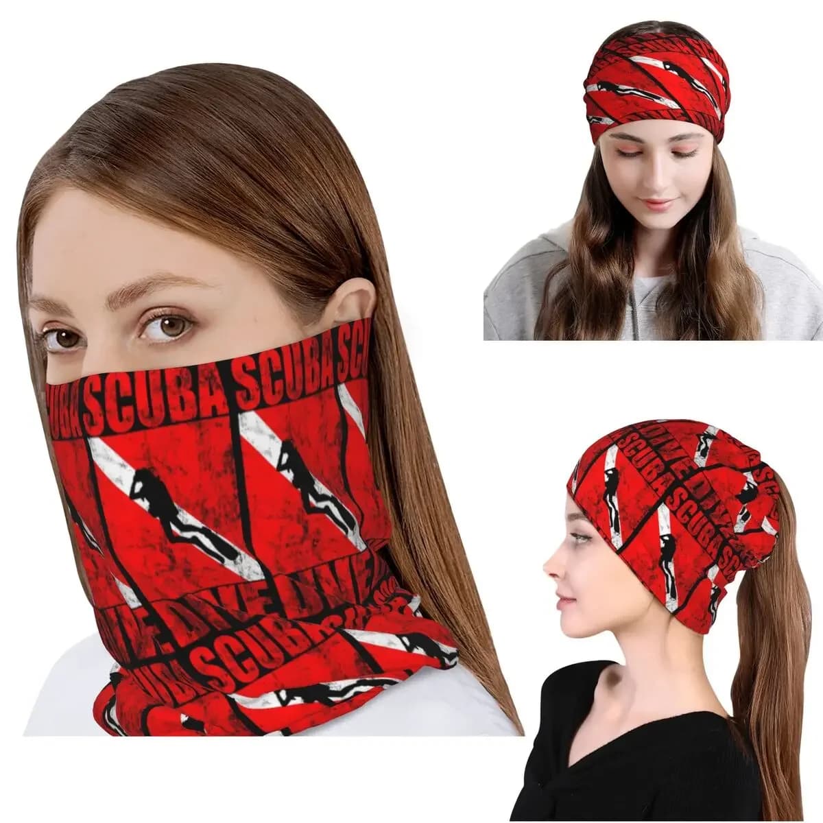 Scuba Dive Diver Down Flag Diving Gear Bandana Neck Cover Wrap Mask Scarf Headband Beanies Hat Unisex Adult Washable