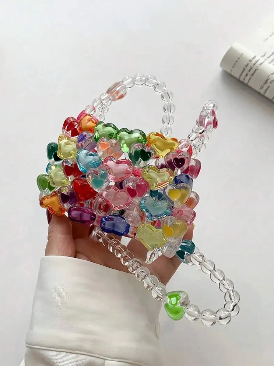Colorful Acrylic Heart Beaded Mini Bag - Lightweight Hand-Woven Shoulder Purse