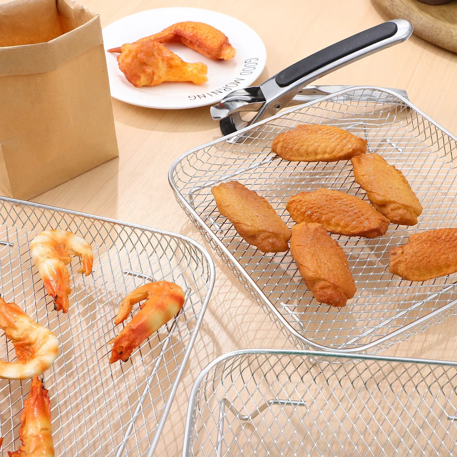 Set di 3 Griglie Premium in Acciaio Inossidabile per Friggitrice ad Aria, a Rete Cava, Lucidate e Senza Sbavature, Multistrato, per Essiccatore di Frutta e Carne Essiccata, per Uso Domestico
