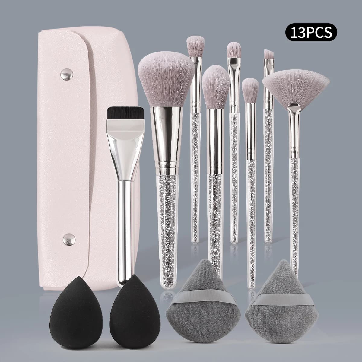 13 piece silver makeup brush set, transparent plastic handle with diamonds, makeup tool set, makeup gift set, professional makeup brushes