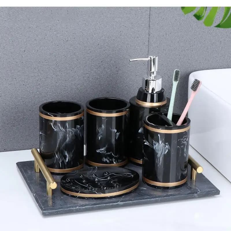 Prodotti da bagno con texture simile al marmo, dispenser di sapone in resina, portaspazzolino, vassoio, tazza per collutorio, set di accessori