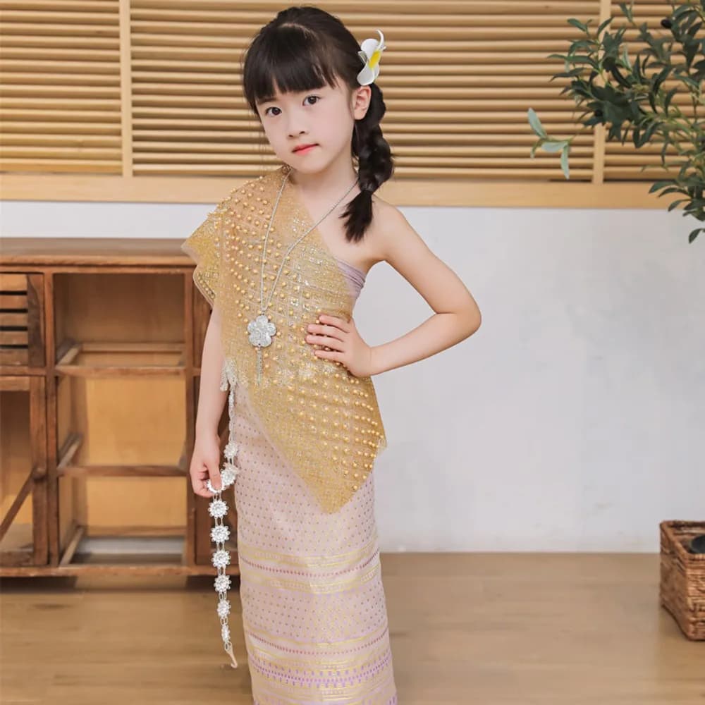 Costume Tradizionale Thailandese per il Festival Dai, Gonna Lunga in Filato Dorato, Abito Etnico Thailandese con Top e Gonna