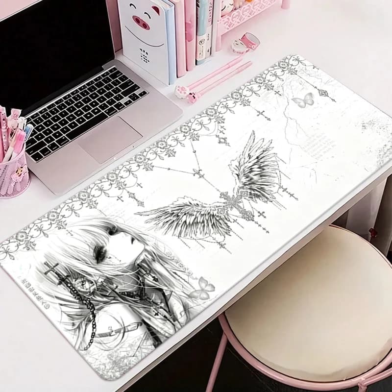 Leather Mousepad Black White Anime Aesthetics Angel Girl Mouse Pad Office Accessories PC Gaming Keyboard E-Sports HD Desk Mats