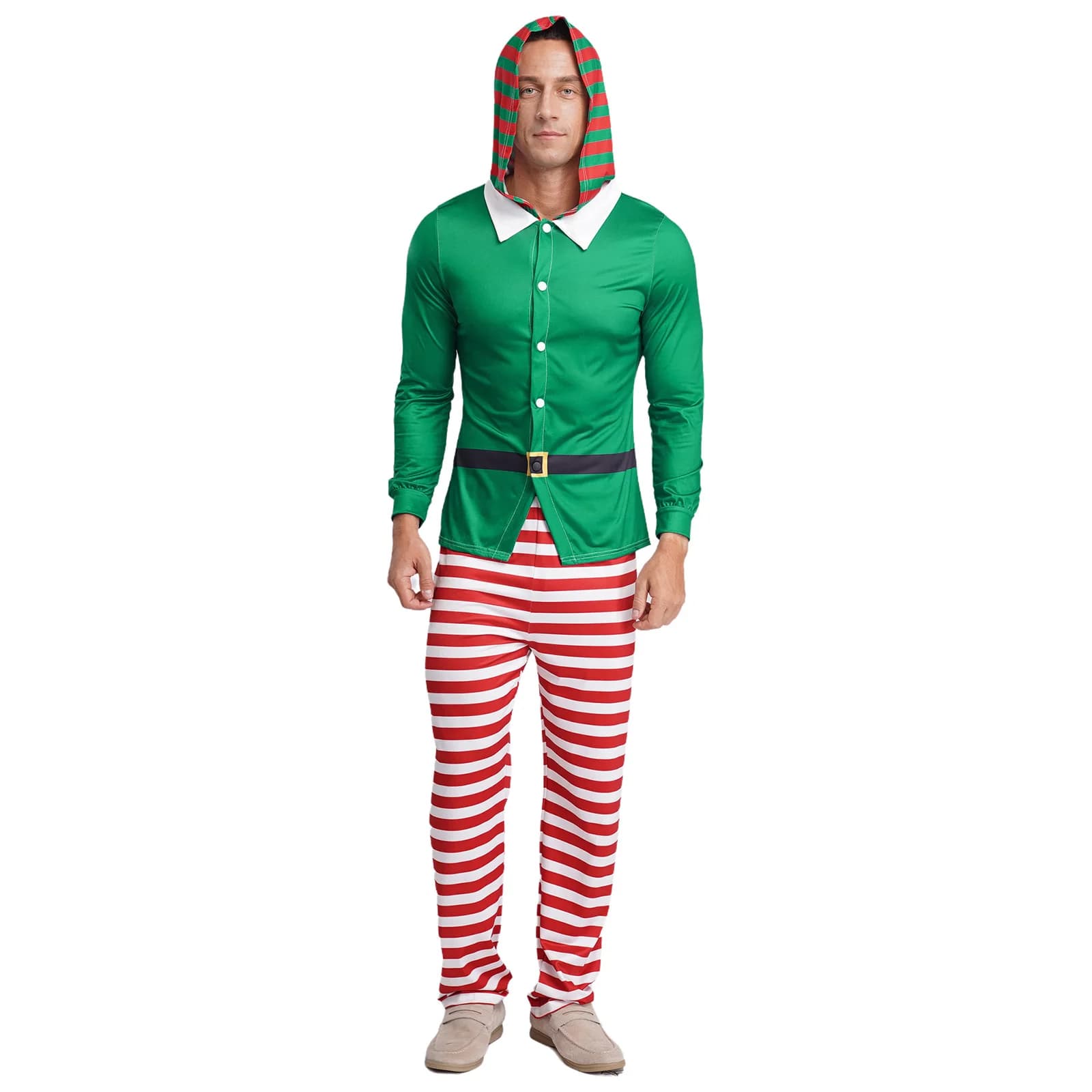 Costume cosplay da elfo di Natale da uomo, set pigiama di Capodanno, top a maniche lunghe con cappuccio e pantaloni a righe, indumenti da notte per la casa