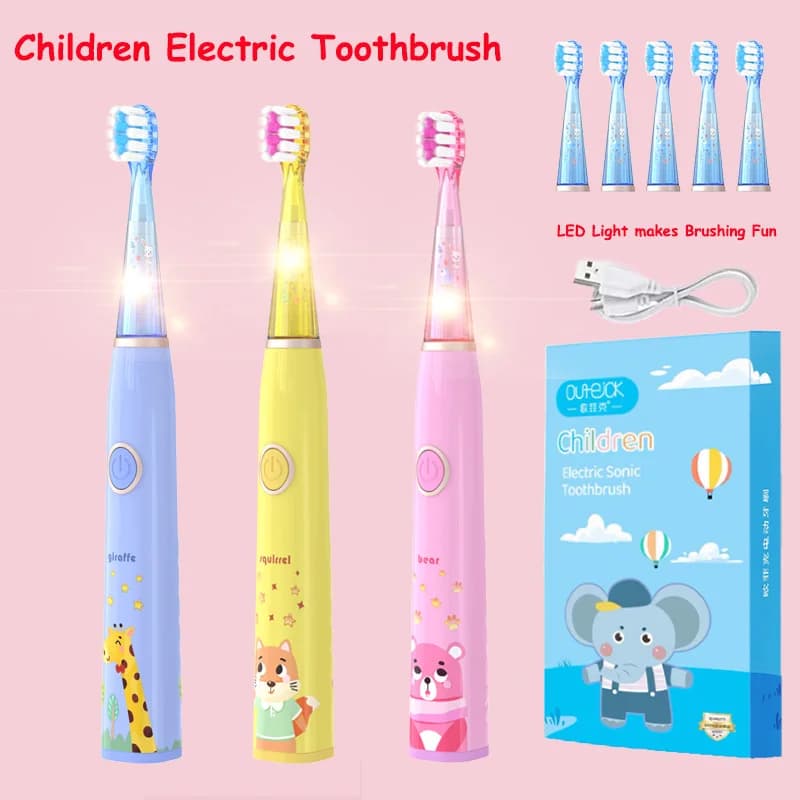 Children's Sonic Electric Toothbrush Cartoon with Colorful LED Light IPX7 Rechargeable Toothbrush with Waterproof Deep Cleaning