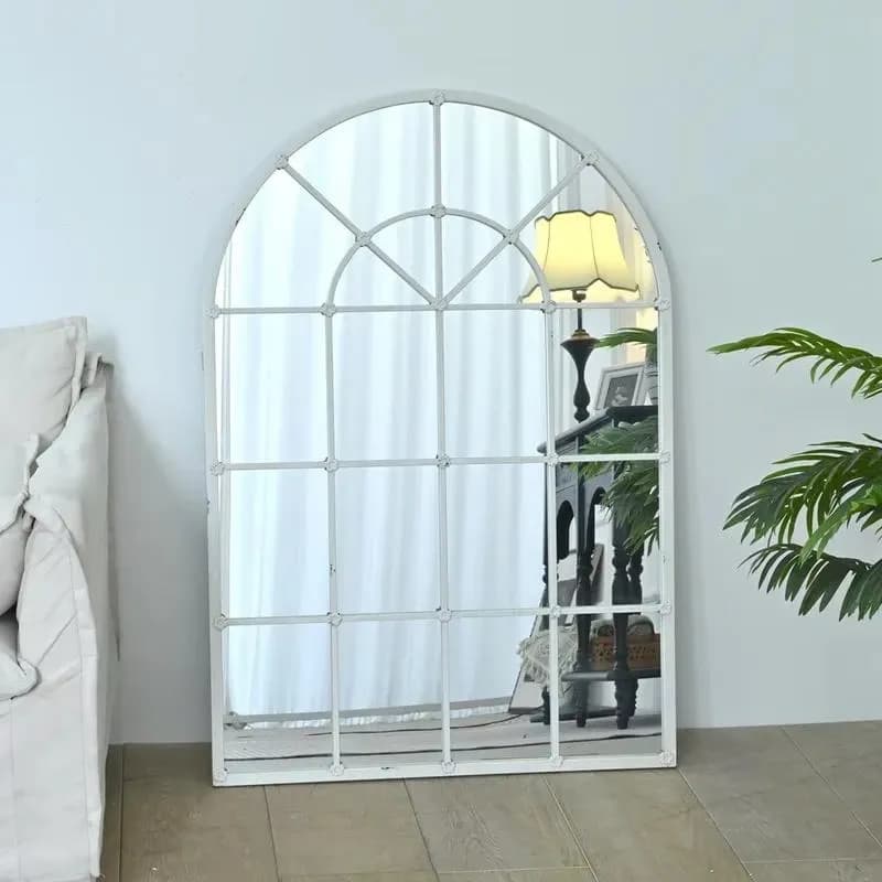 Large Antique Wrought Iron Arched Window Frame Wall Mirror White Decorative for Living Room Bathroom Home Decoration