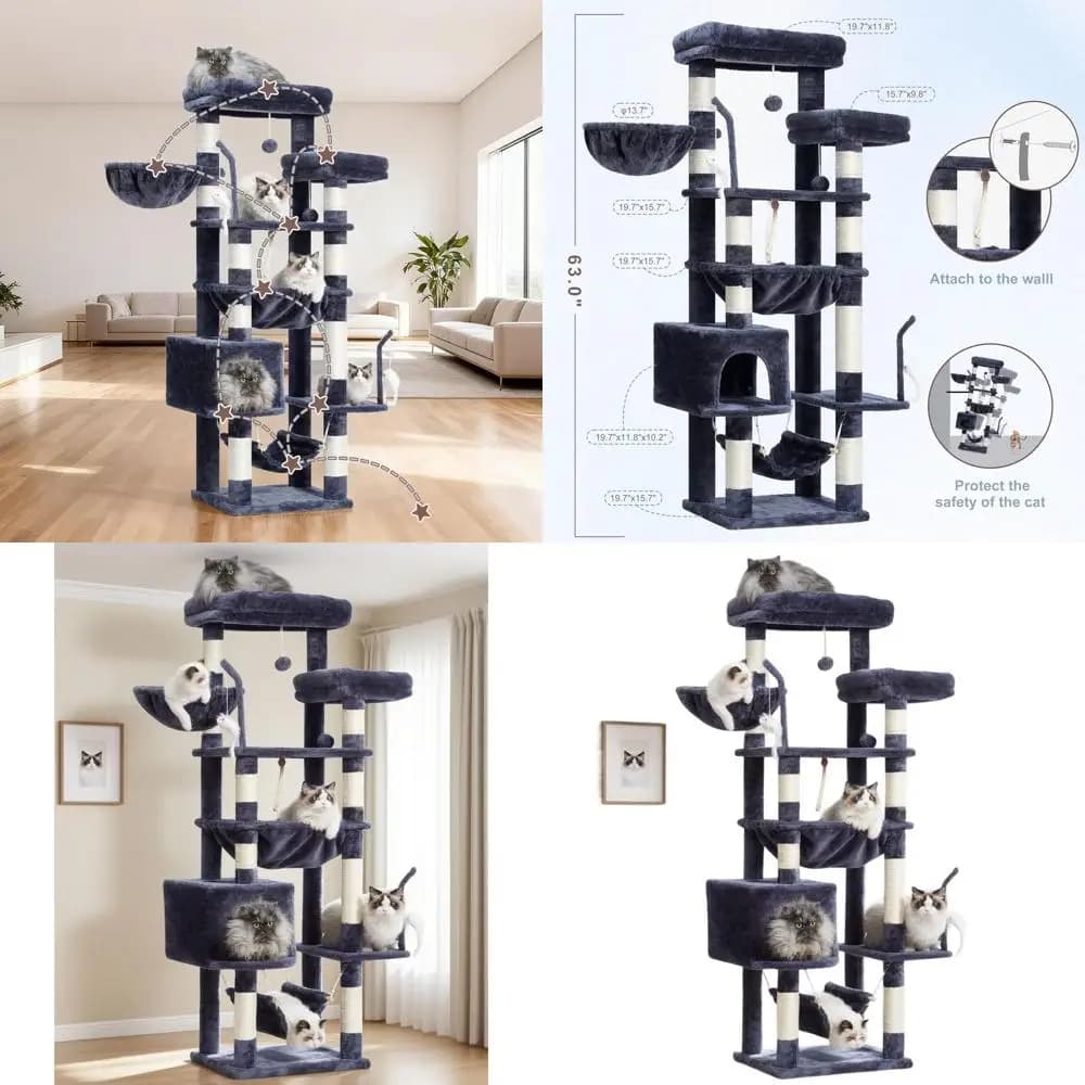 Grande Torre per Gatti con 2 Piattaforme, Cesti, Cuccia, Giocattoli, 63 Posti per Tirare le Unghie, Grigio Fumo