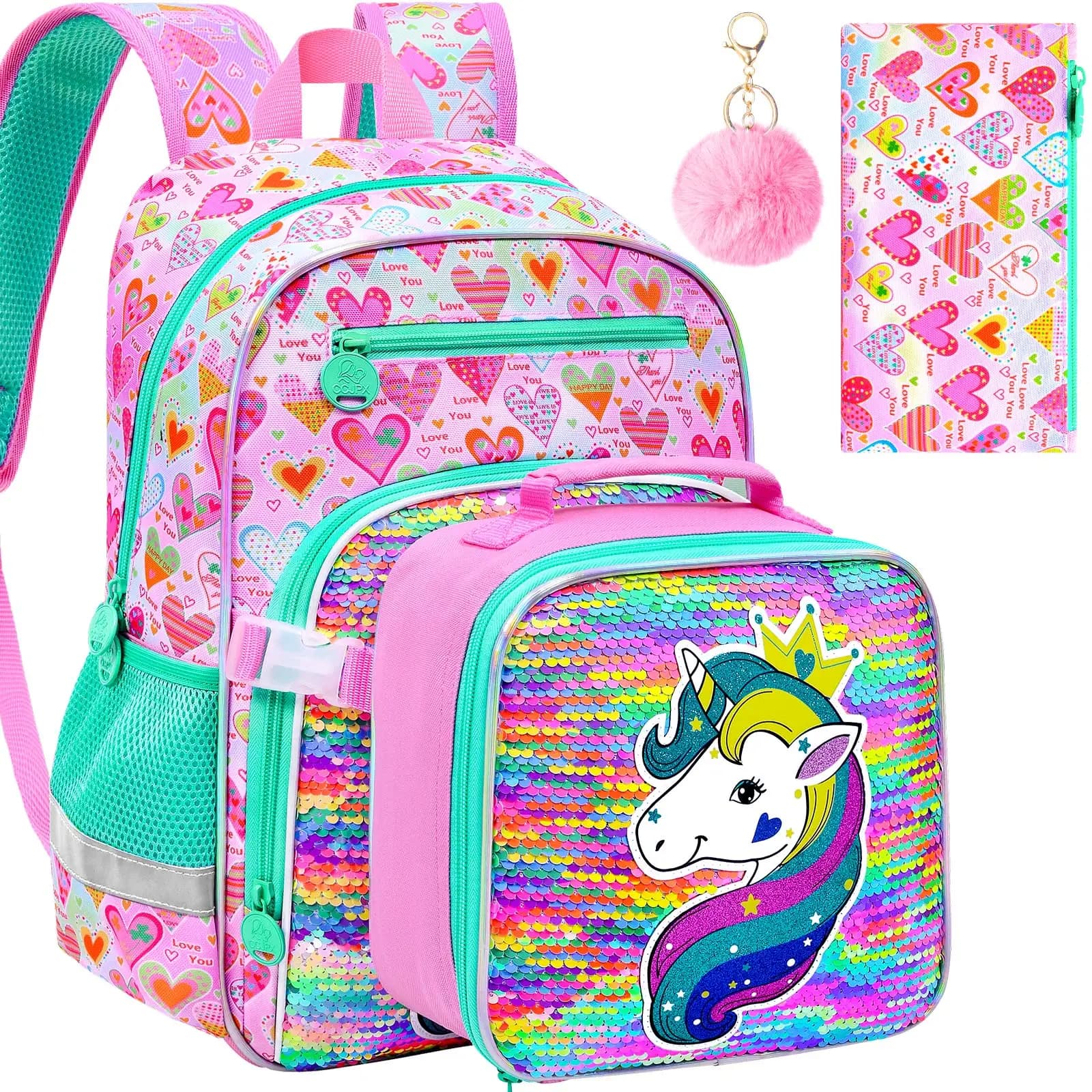 3pcs Girls Backpack Set, Heart Print Flip Sequin School Backpack with Buckle, Handbag & Pen Pouch