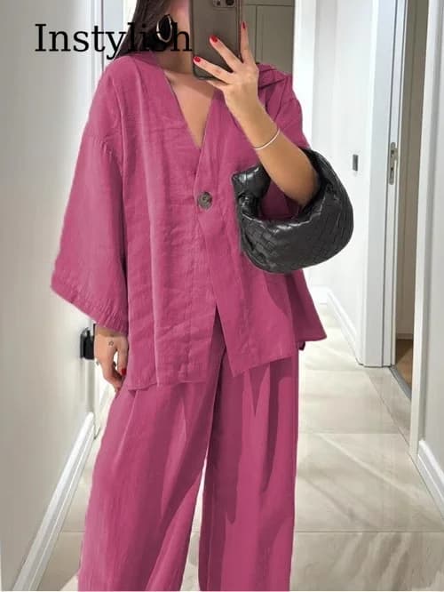 Completo da donna casual a 2 pezzi, camicia e pantaloni a gamba larga, scollo a V, tinta unita, abbigliamento sportivo per casa, adatto per l'uso quotidiano