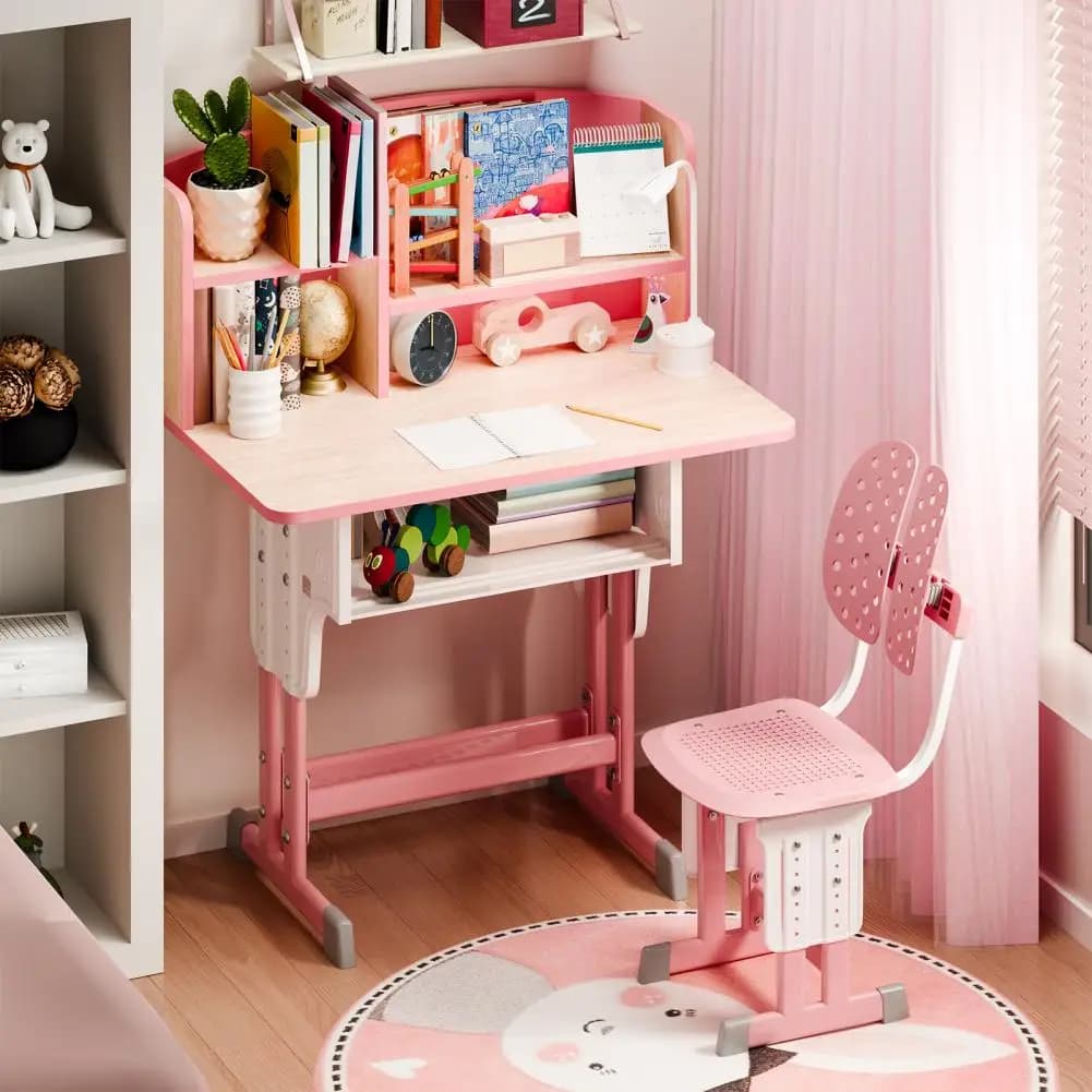Set di sedie da scrivania da 2 pezzi/set, tavolo e sedia regolabili in altezza con quattro divisori, supporto per libri, gancio per zaino, portabicchieri, rosa