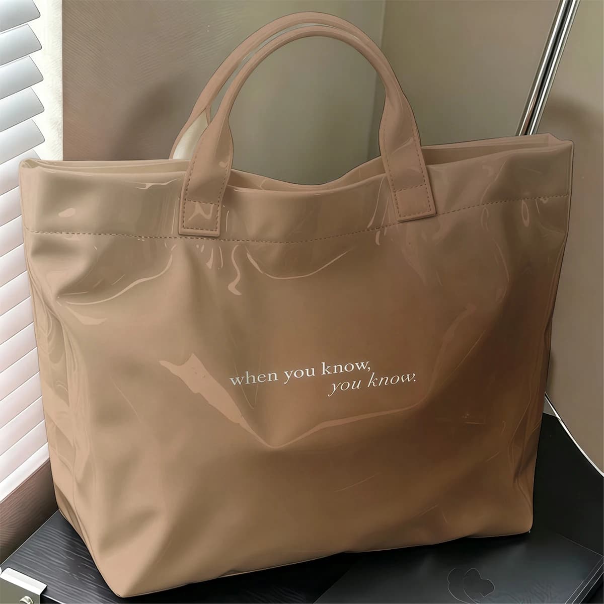 Caramel Quote Cute Large Glossy PVC Tote Bag Hand Washable Lightweight Soft Great for Travel Commute Makeup Storage Handbags