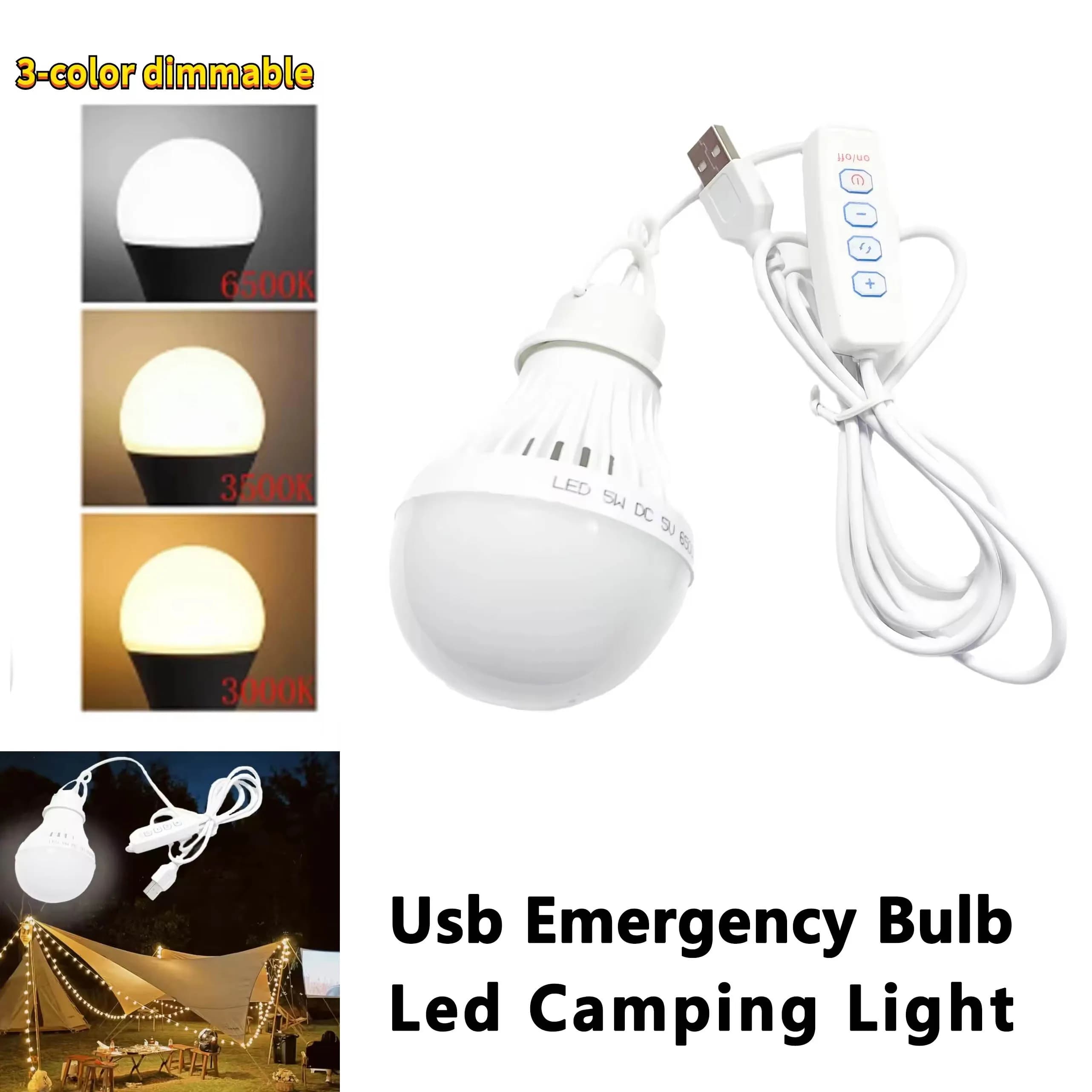 Lampada da campeggio a LED da 5 W Lampadina di emergenza USB Lampada da tenda sospesa dimmerabile a 3 colori per lavoro, barbecue, pesca, riparazione, attrezzatura da campeggio