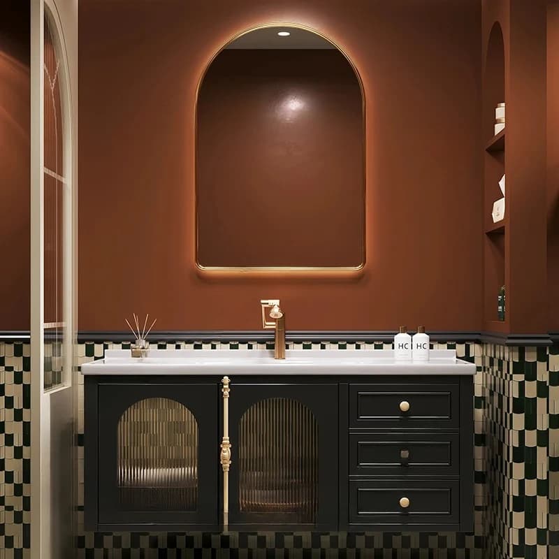 Mobiletto Bagno di Lusso con Specchio e Lavabo, Armadietto Salvaspazio in Rovere con Cassetti per Trucchi e Oggetti Vari, Arredamento Casa
