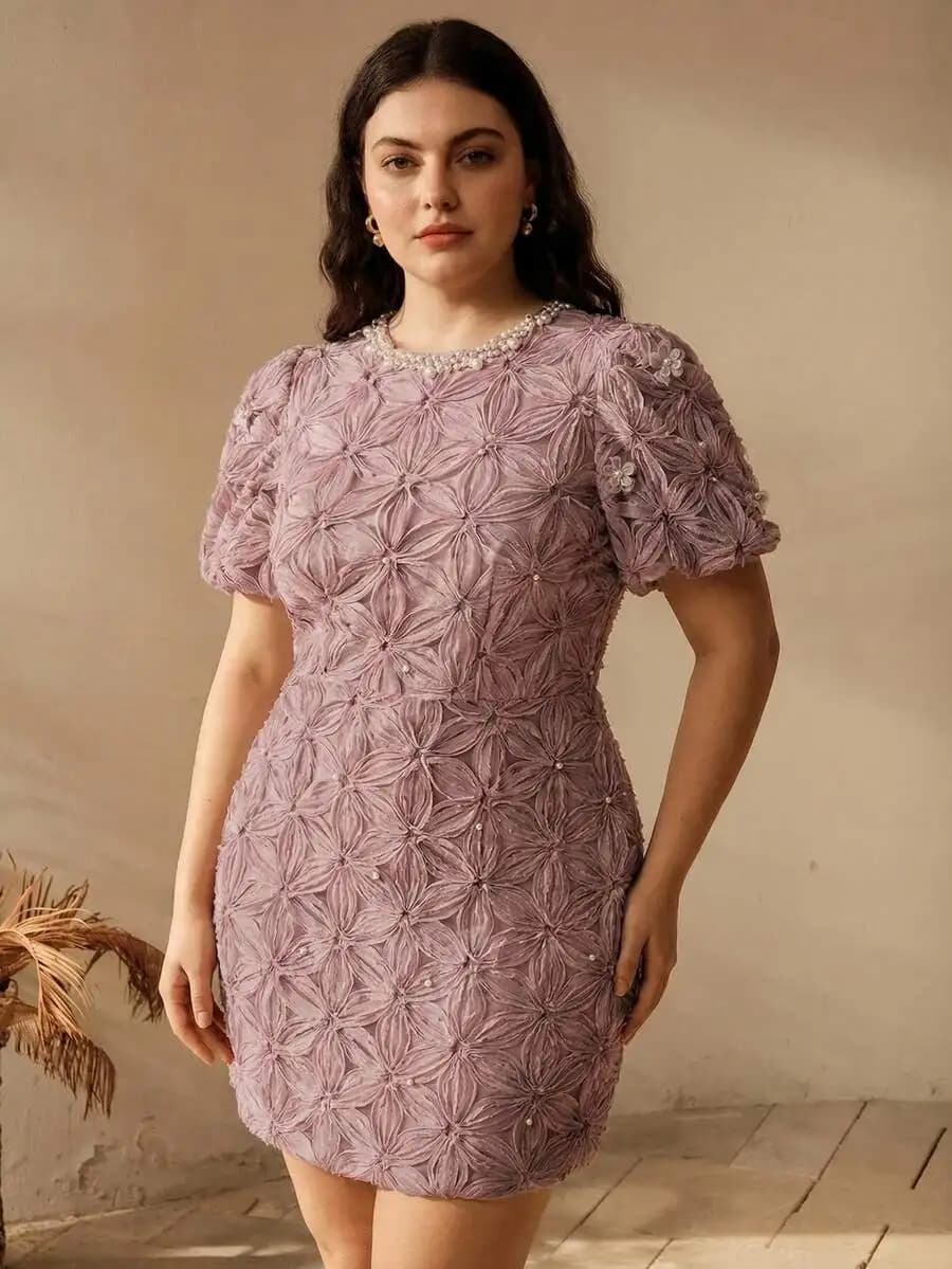 Elegante mini abito floreale con perline e maniche a sbuffo per donna, ideale per feste estive