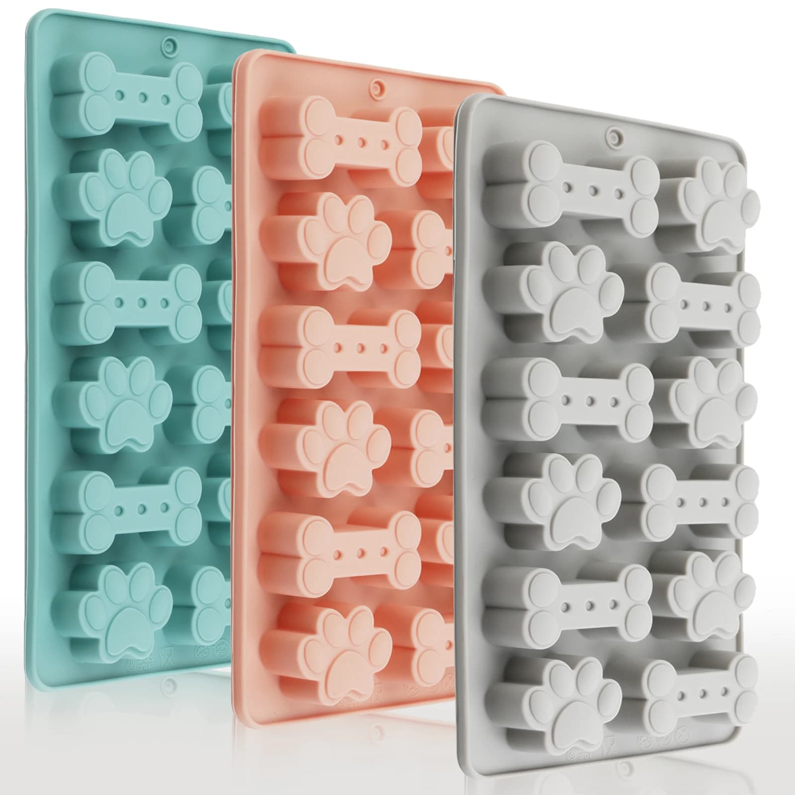 Stampo in silicone per biscotti per cani, rosa/blu/grigio, a forma di osso e zampa, per dolcetti per cani, cubetti di ghiaccio, cioccolato e dolci.