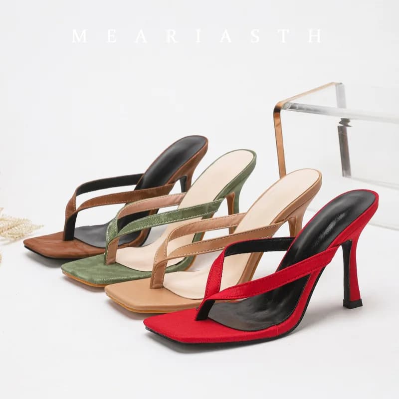 Summer New Soft Leather Square Toe Cat with Flip-flops Women Fashion Thin Belt Thin high Heel Soft Sole Comfy Mules Flip-flops