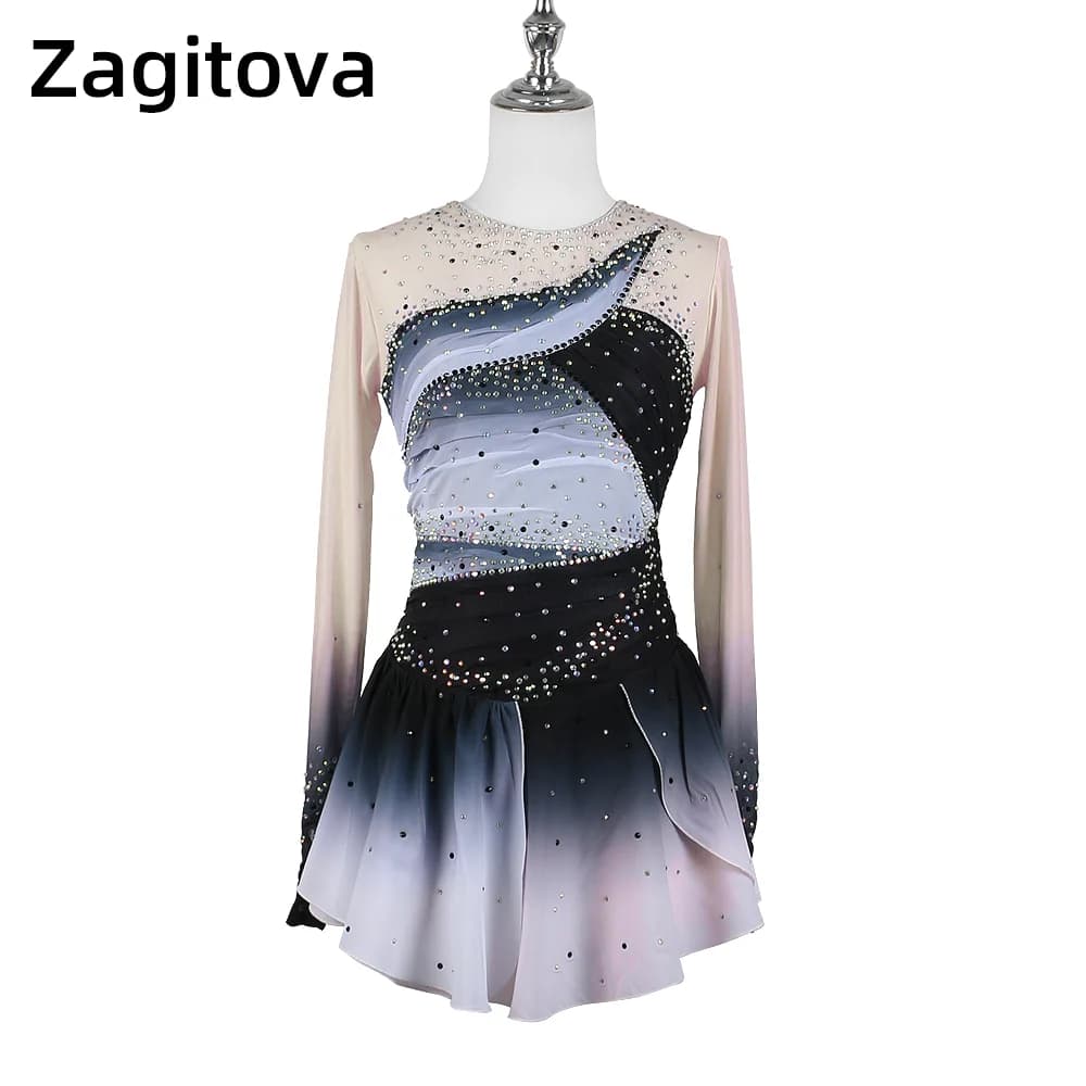 Abito da Pattinaggio Artistico ZAGITOVA per Donne e Ragazze, Gonna per Ginnastica Ritmica e Pattinaggio su Ghiaccio, Gonna in Rete Sfumata Nera