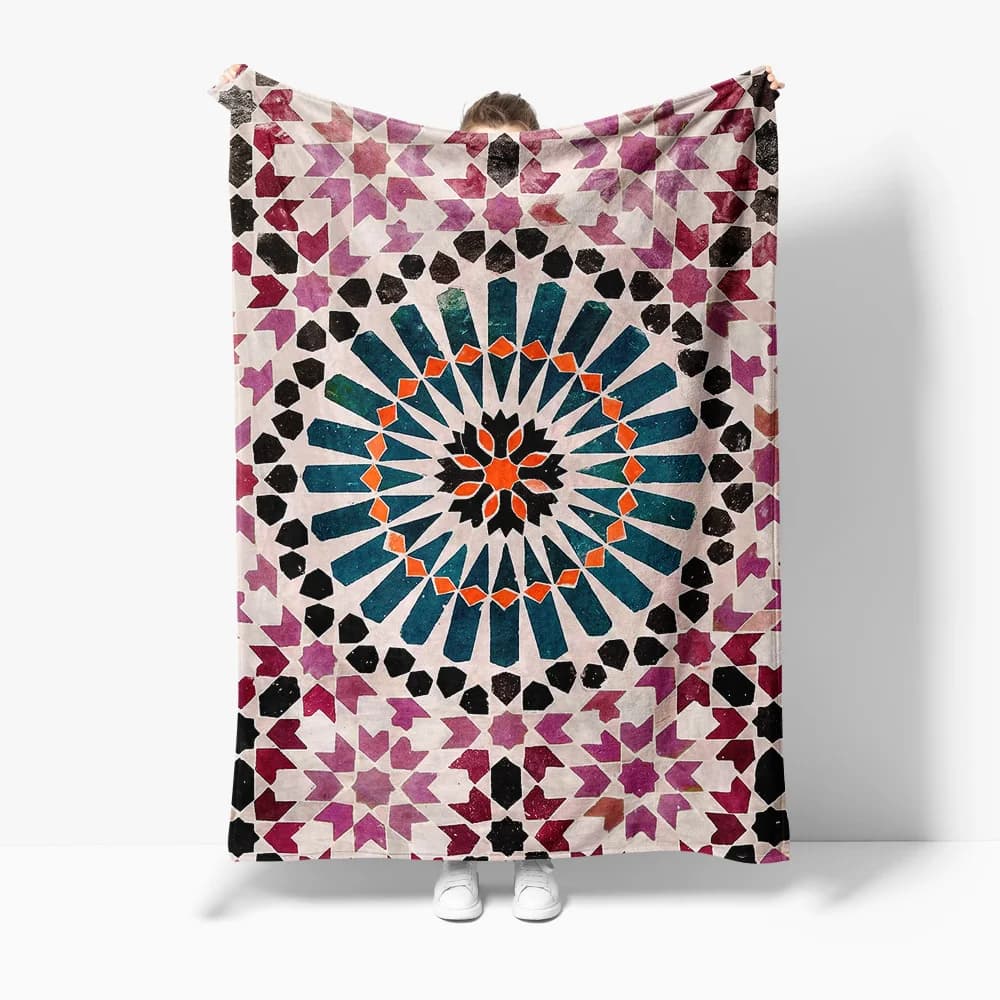 Coperta stampata in flanella con motivo a mosaico geometrico adatta a tutte le stagioni adatta per divano da ufficio e viaggi
