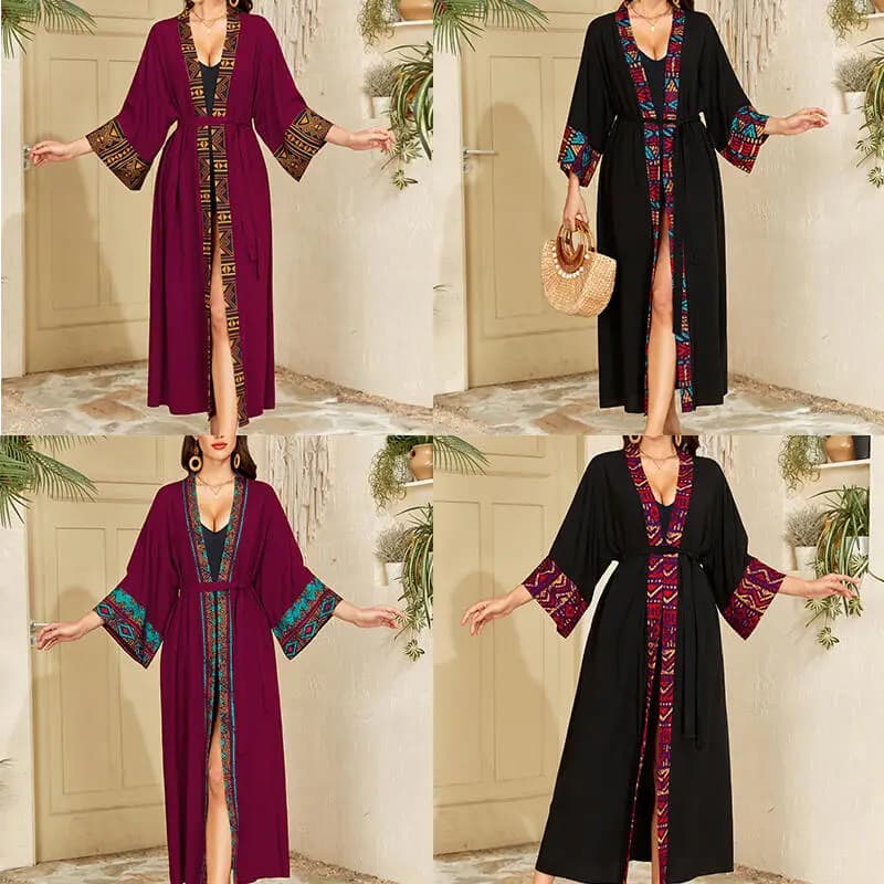 Women's Ethnic Cardigan 2026, Waist with Belt, Bikini Cover, Kimono, Long Summer New Dress, Holiday Costume, Solar Protection, Spring