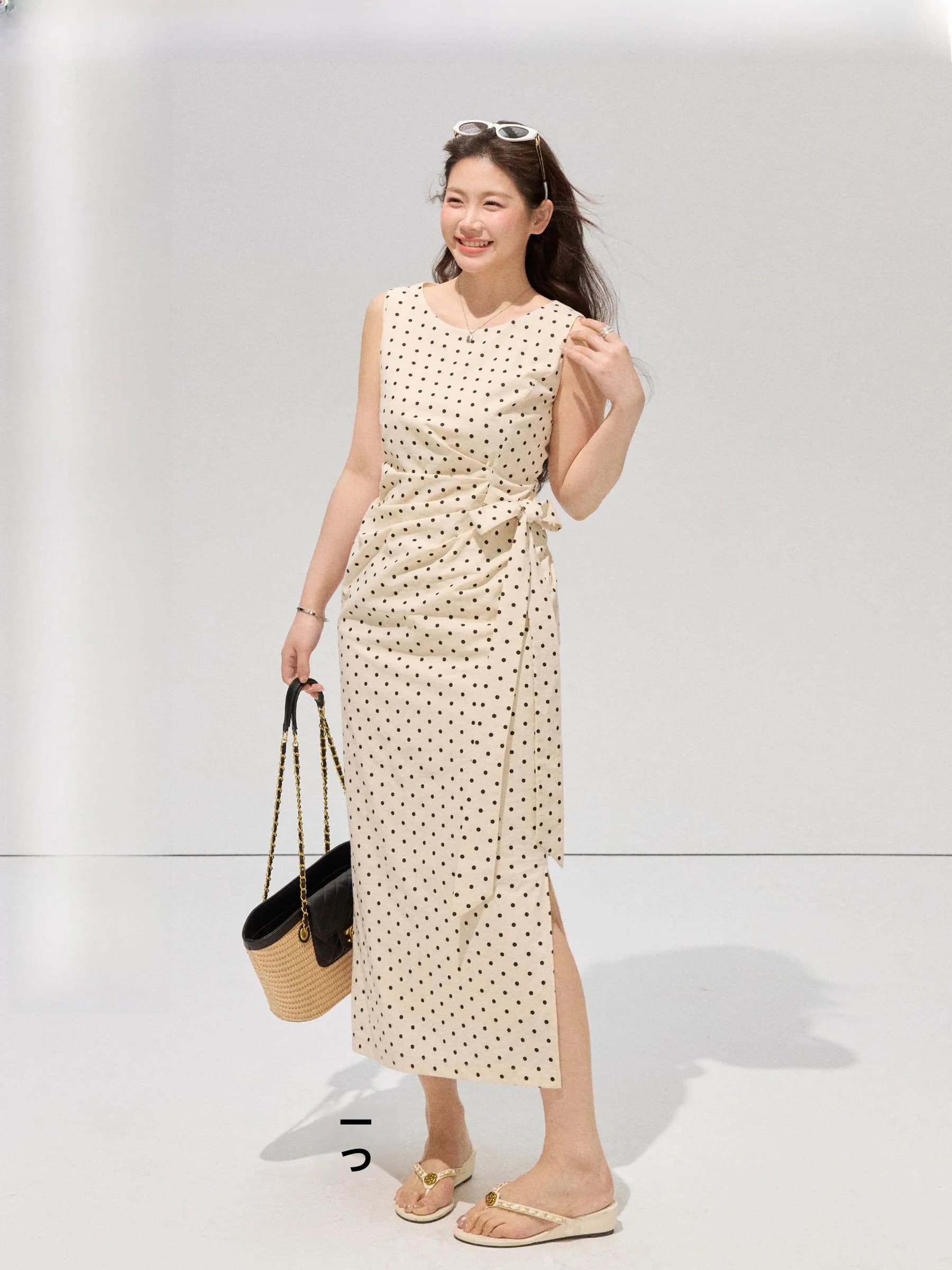 Gonna a trapezio in cotone e lino vintage a pois, plissettata, con spacco, effetto snellente, taglie forti, per donna curvy, ideale per il commuting