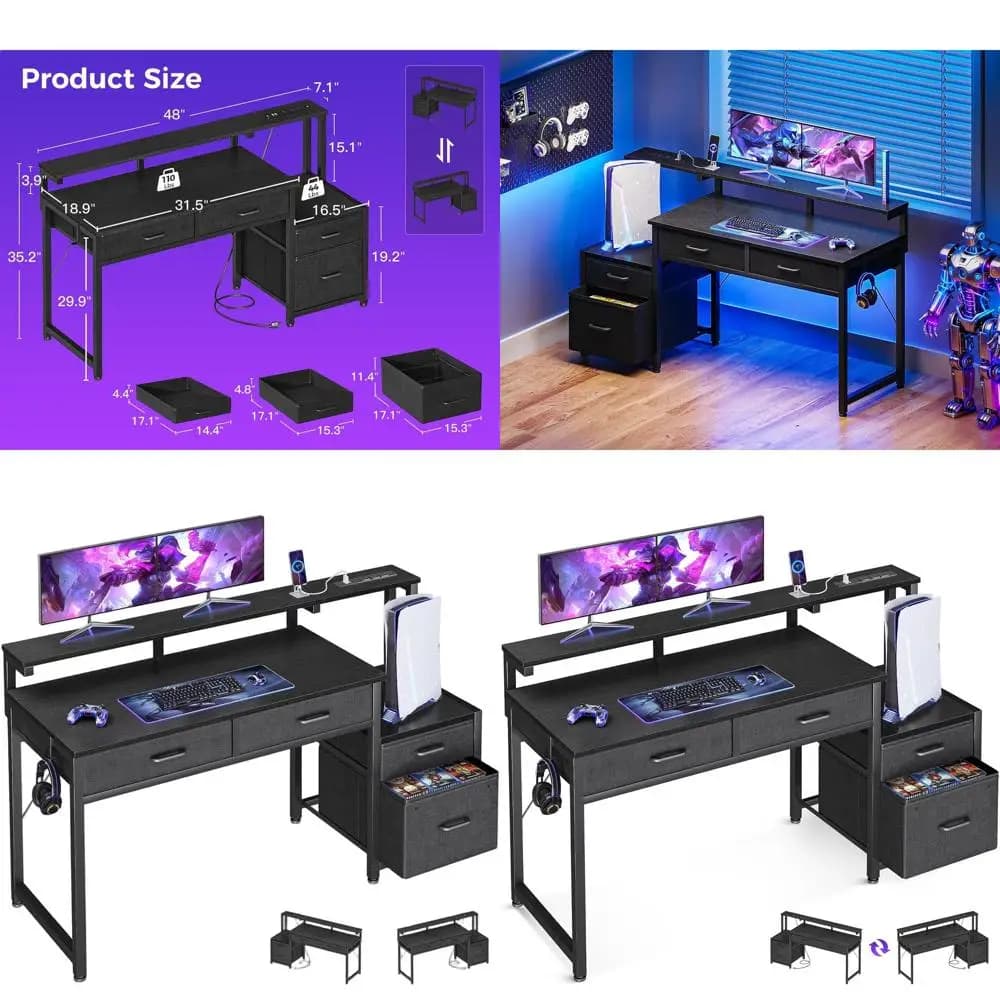 48 to 4 drawers black office desk with monitor support and power outlet