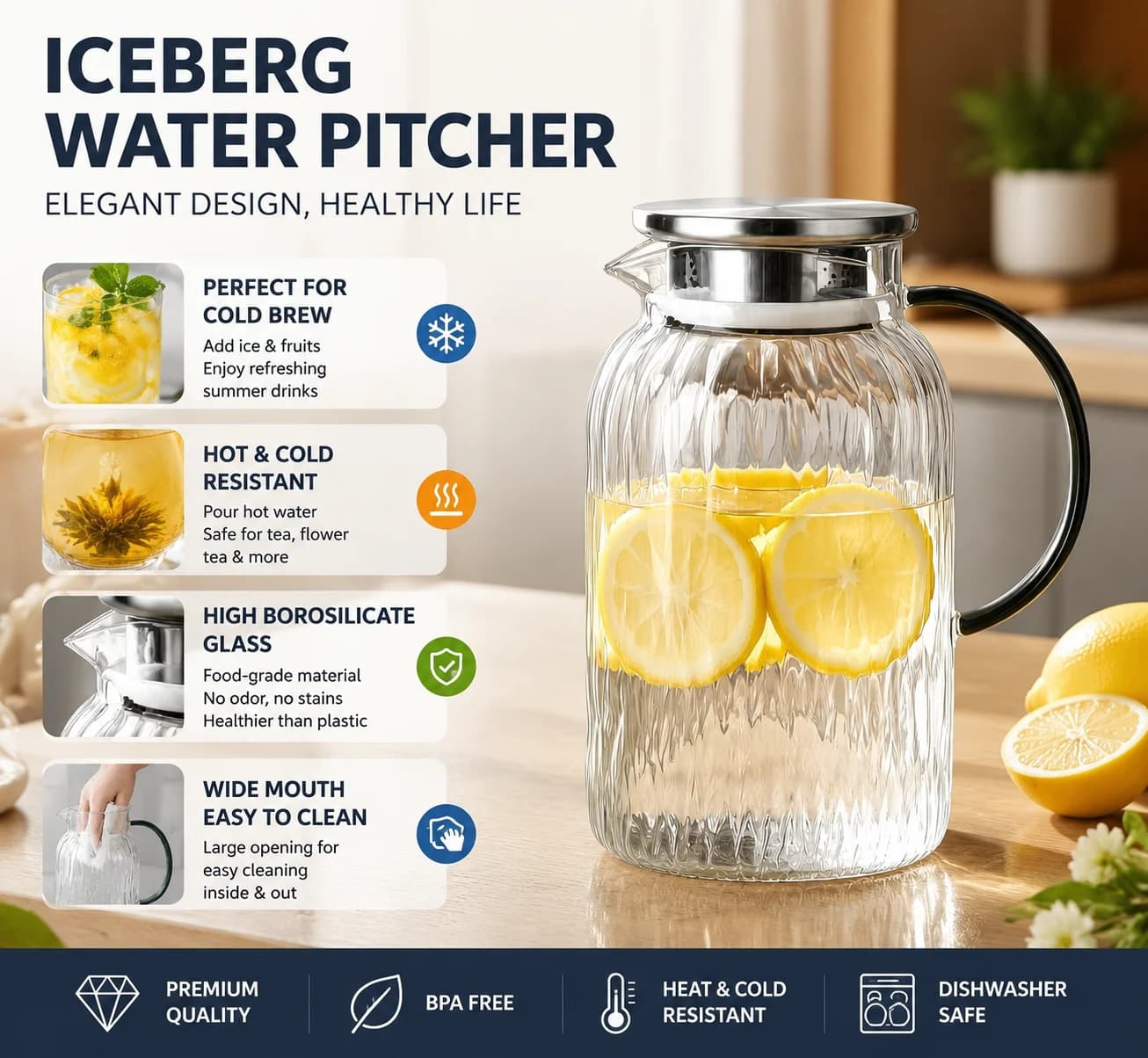 High Borosilicate Glass Pitcher Heat & Cold Resistant Cold Brew Tea Coffee Maker Lemon Water Jug Home Office Kitchen Summer