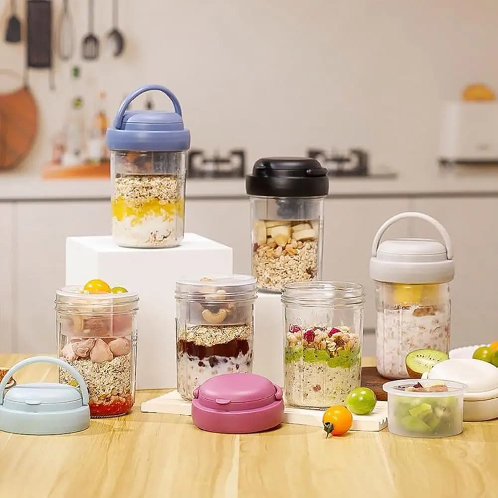 Contenitori per Overnight Oats con Coperchi e Manici, Barattoli in Plastica da 16oz, Contenitori Ermetici per Colazione con Scomparti Divisi