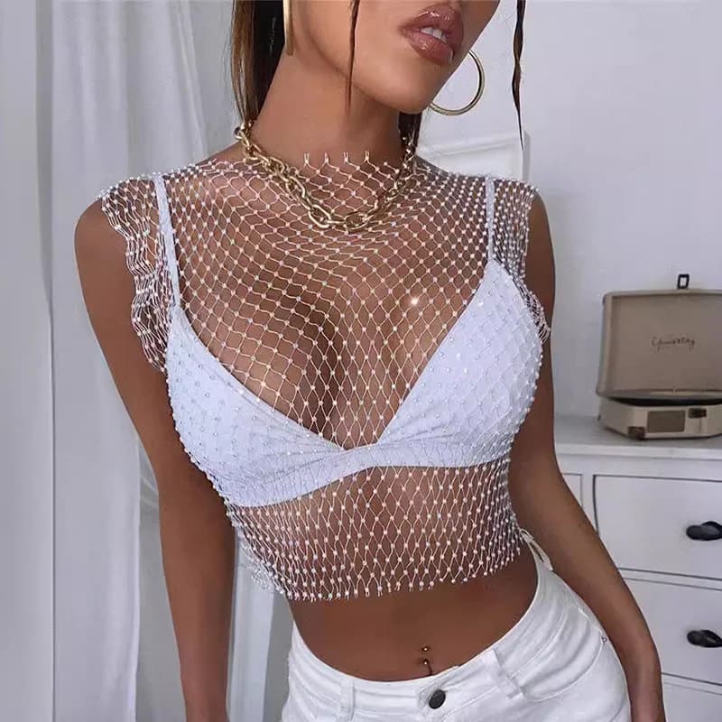 Diamond Fishing Net Top Crystal Beading Shiny Summer Girls Party Club Sexy Hollow Out Rhinestones Cropped Navel Sleeveless Vest