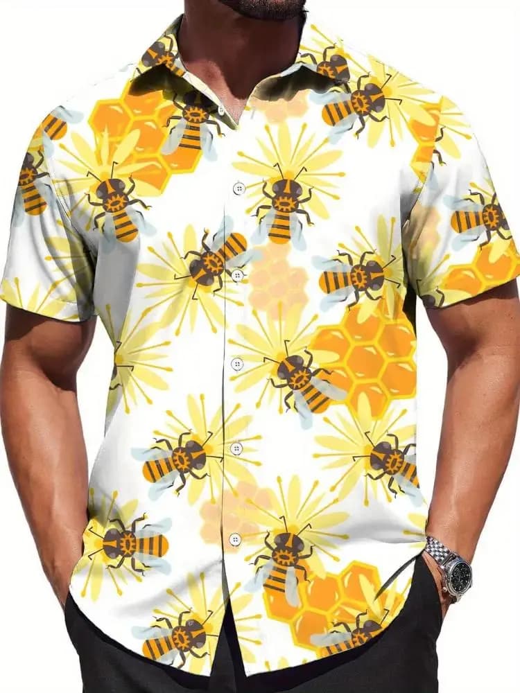 Retro Hawaiian Bee Print Shirt for Men Vacation Casual Short Sleeve Funny Shirts Streetwear Fashion Honey Insect Bee Blouse