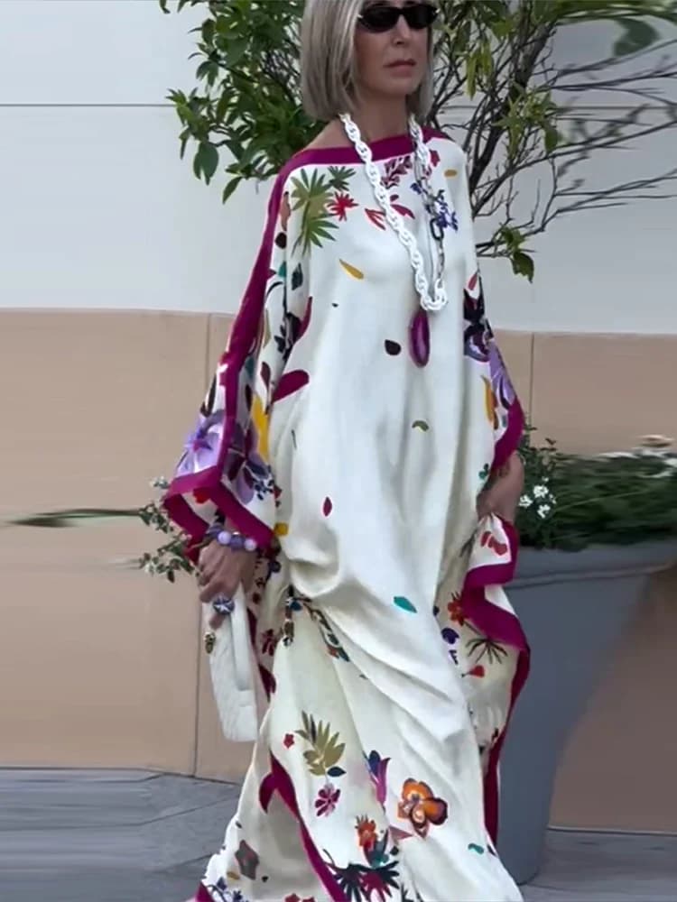 Fashion Floral Printed Oversize Women Maxi Dress Casual Vacation Long Puff Sleeve Beach Dresses Lady Summer Bohemia Party Robes