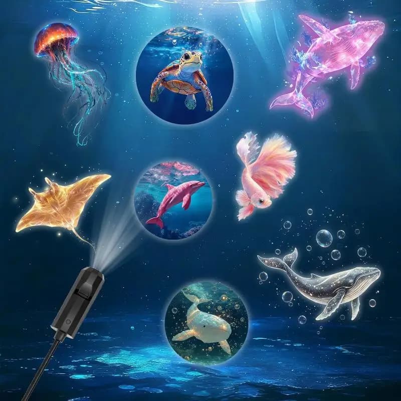 Portable Marine Life Projector Light, Featuring 8 Light Panels Including Jellyfish, Whale, And Sea Turtle; USB Powered, 360° Rot
